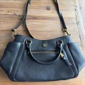 Tory Burch Black Pebbled Leather Satchel | Gold Hardware | Top Handle + Shoulder